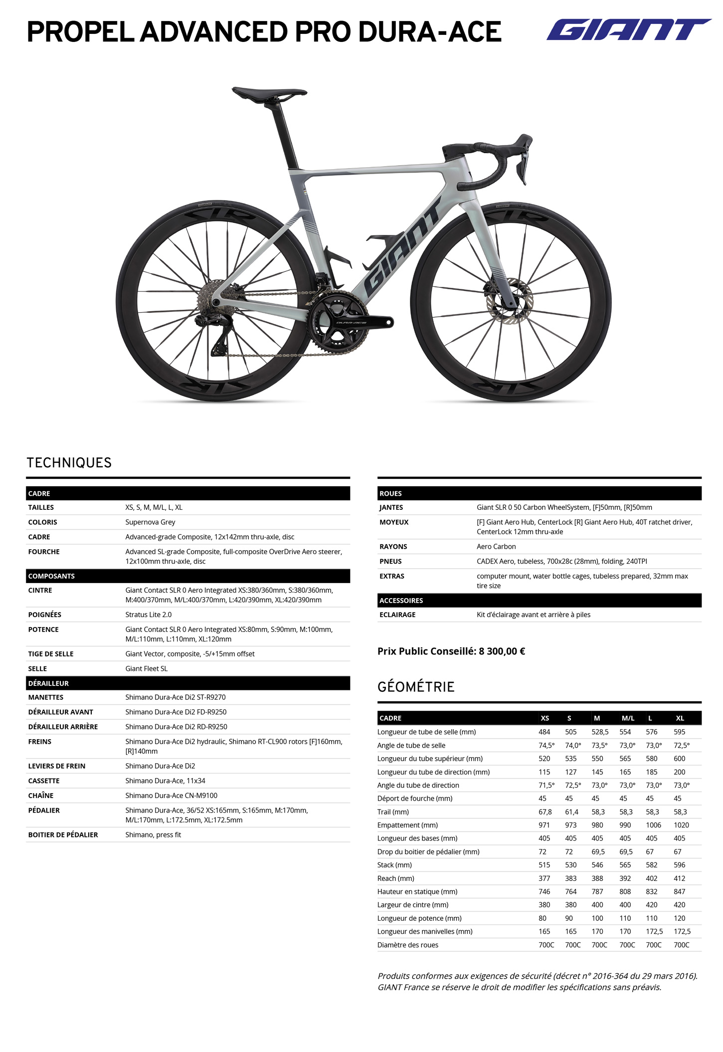Fiche technique du velo Propel Advanced Pro Dura-Ace année 2027